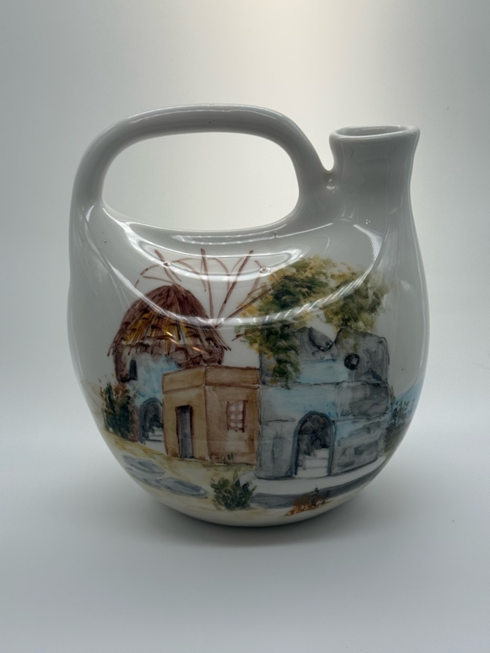 Vintage Alagianni hand painted Pitcher, Mediterranean Village Scene, Greek, 7”